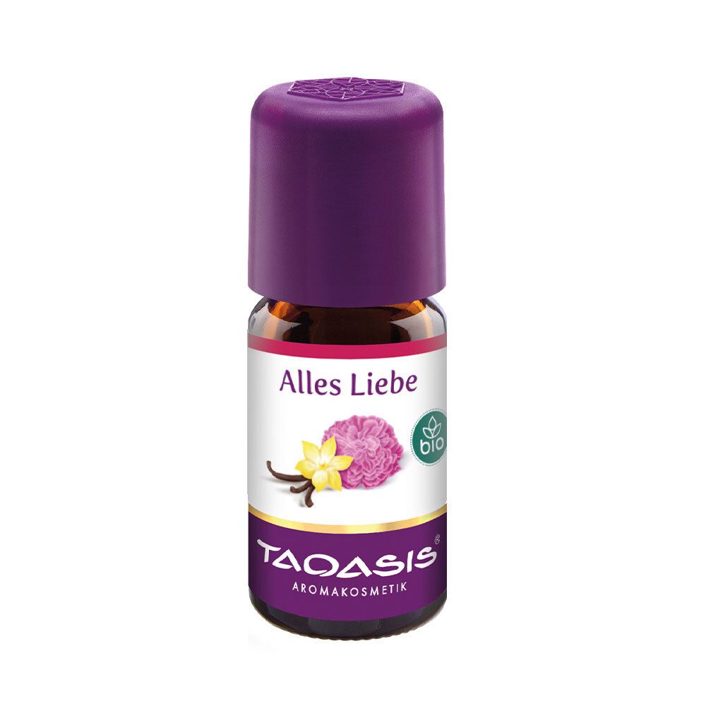 Flacon en verre brun avec bouchon violet. Inscription "Alles Liebe", logo et label bio. Marque TAOASIS.