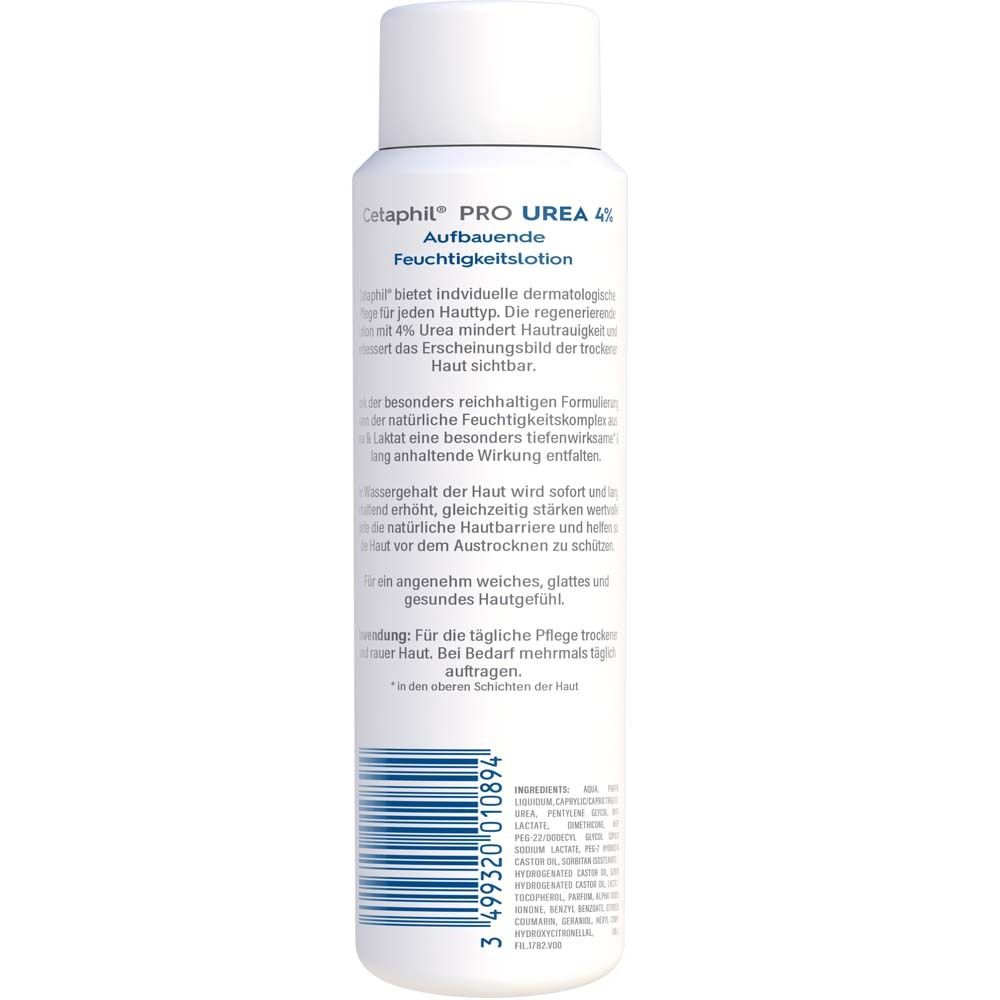 Dos du flacon Cetaphil Pro Urea 4% lotion. Texte : Ingrédients, instructions d'utilisation.