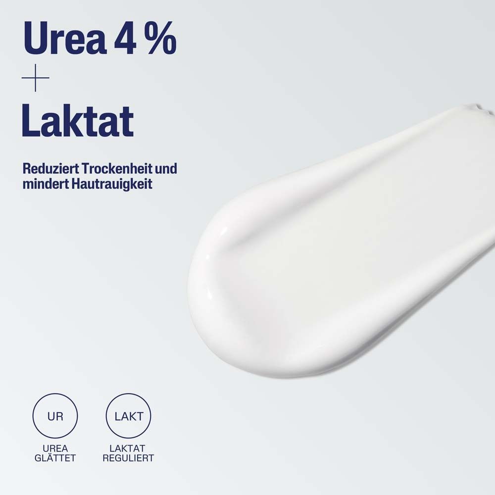 Lotion sur la peau. Texte : Urée 4% + Lactate. Réduit la sécheresse et diminue la rugosité.