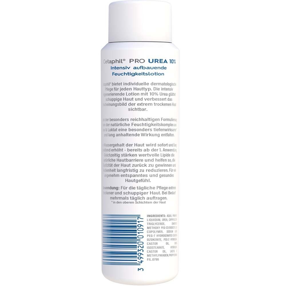 Dos du flacon de Cetaphil PRO Urea 10% Lotion. Texte et ingrédients.