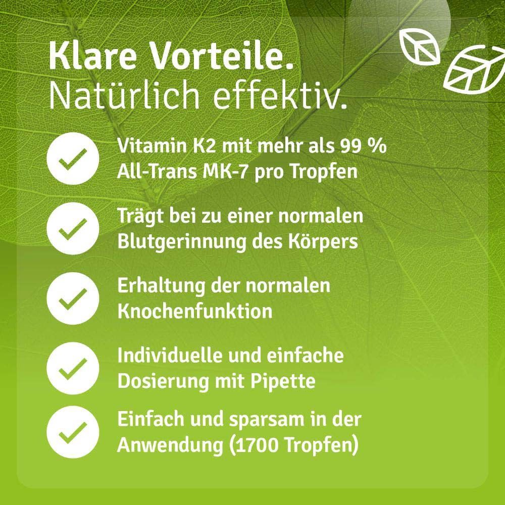 Texte avec avantages : Vitamine K2 avec plus de 99% All-Trans MK-7, contribue à la coagulation sanguine normale, fonction osseuse, dosage avec pipette.