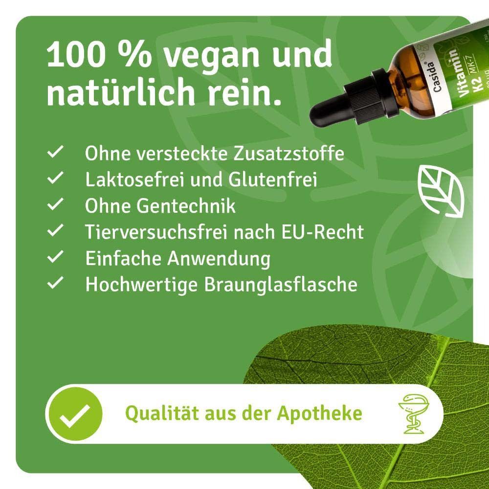 Texte : 100% vegan et naturellement pur. Sans additifs, sans lactose, sans génie génétique, sans tests sur les animaux, flacon en verre brun. Qualité pharmacie.