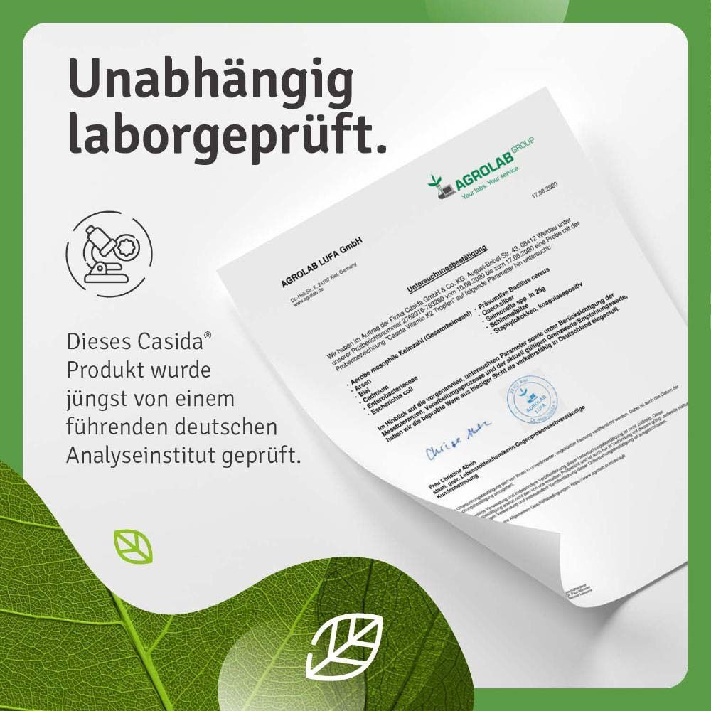 Texte : Testé en laboratoire indépendant. Produit Casida testé par un institut d'analyse allemand. Signatures et tampons.
