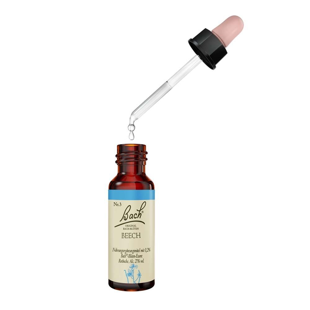 Braune Glasflasche mit Tropfer. Tropfen fallen aus dem Tropfer. Etikett mit Text: Bach Original Beech.