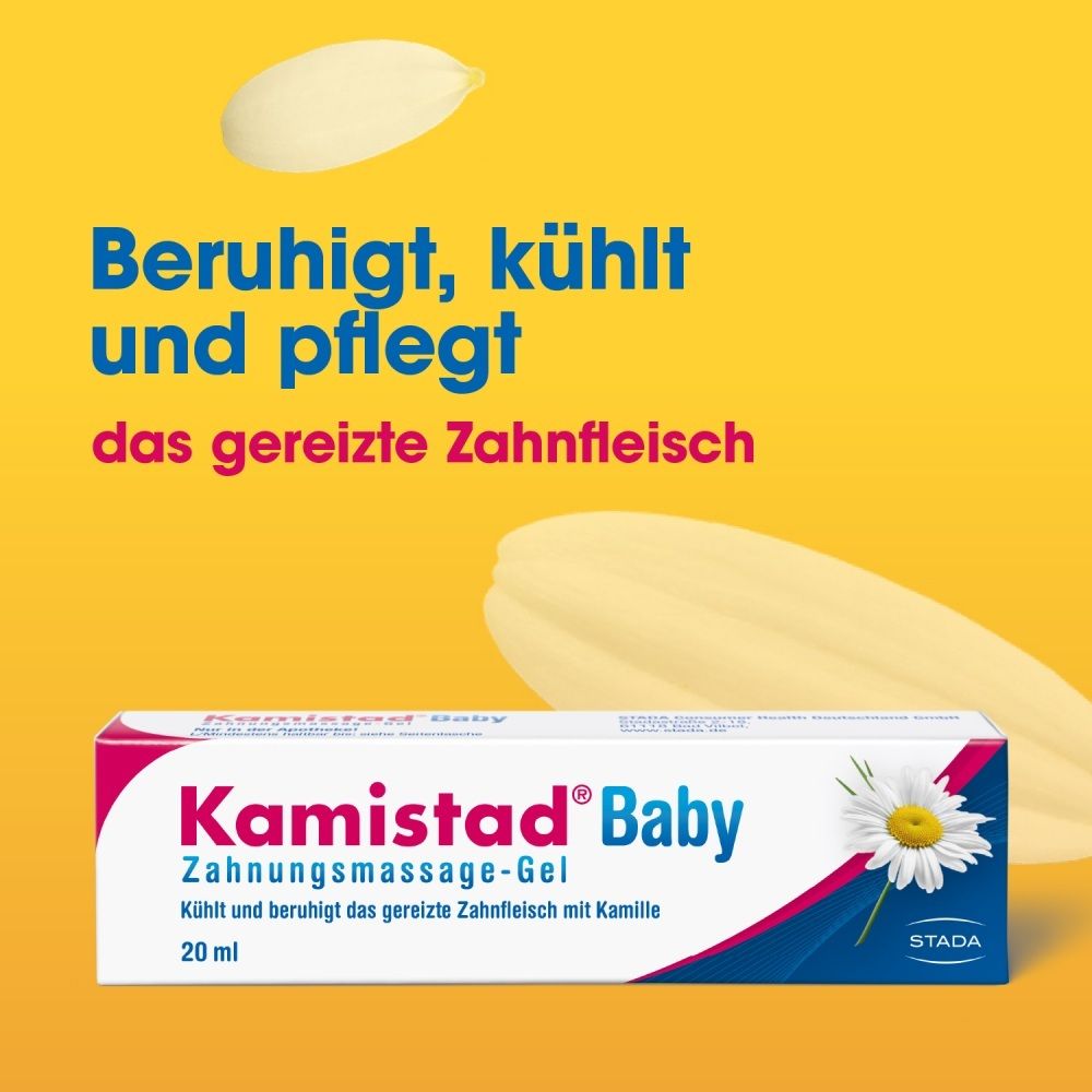 Tube de gel de massage gingivale Kamistad Baby, bébé souriant, texte 'Apaise, refroidit et soigne les gencives irritées'.