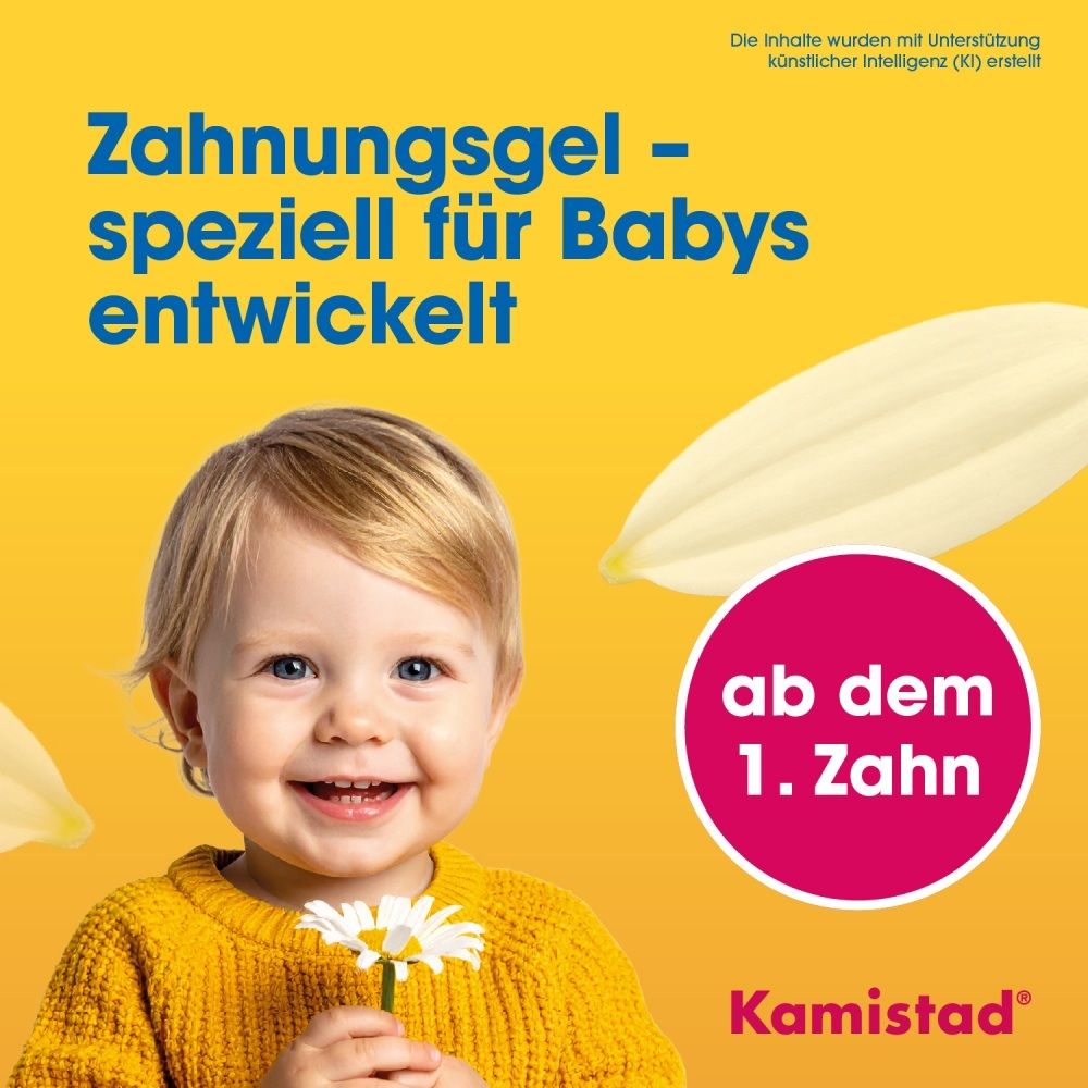 Bébé avec logo Kamistad, texte 'Gel de dentition – spécialement conçu pour les bébés'.