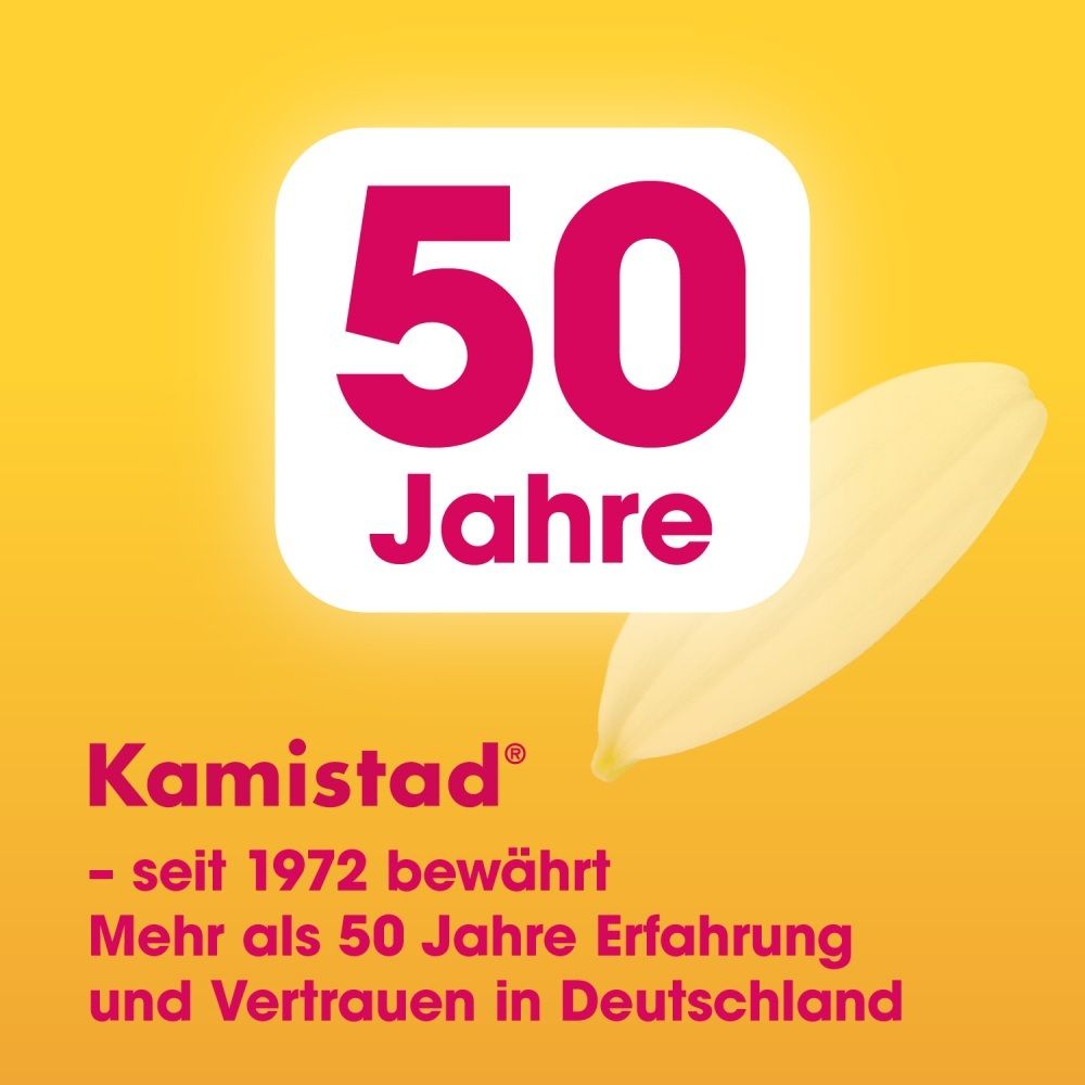 Logo Kamistad, texte '50 ans', fleur de camomille.