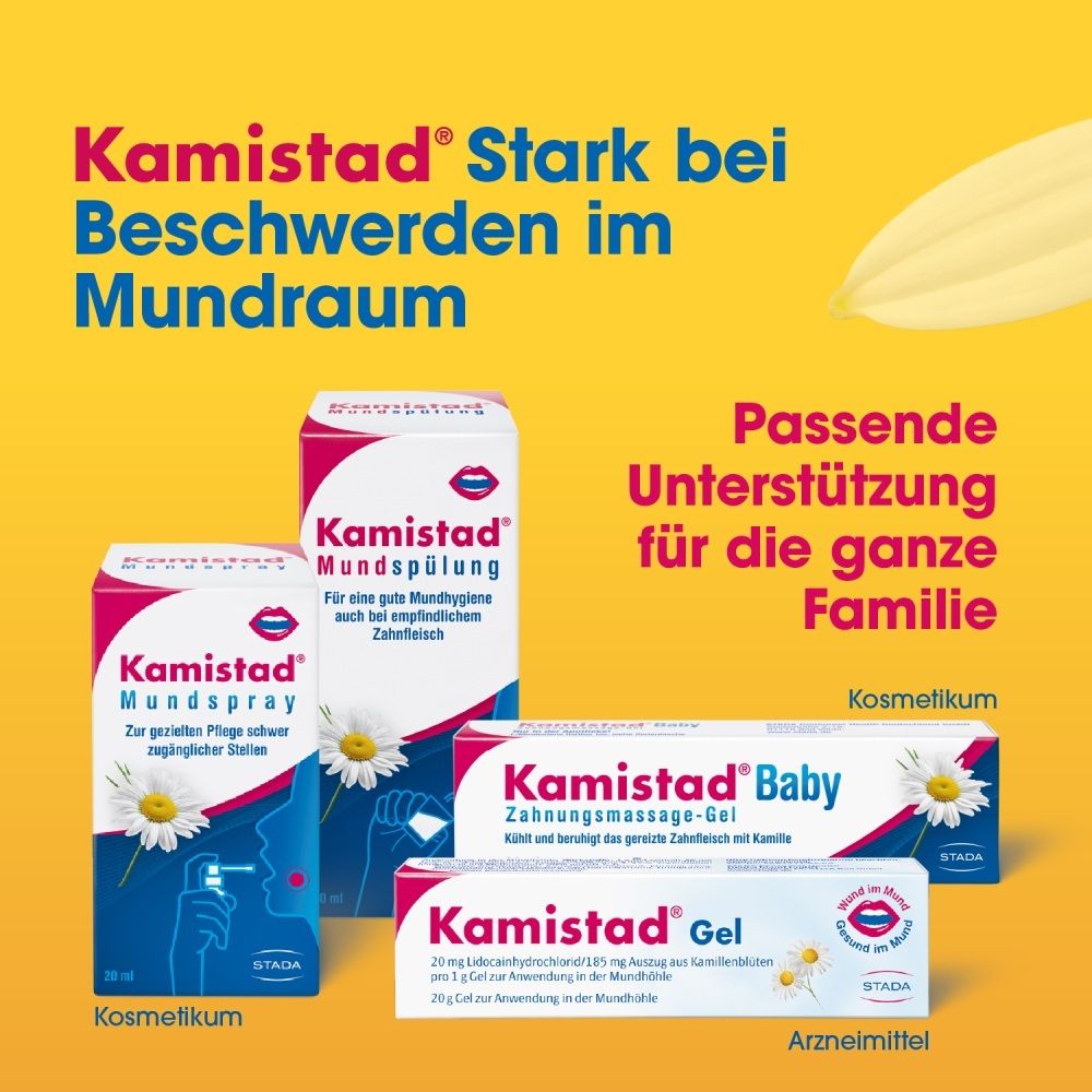 Produits Kamistad : spray buccal, gel de massage gingivale, gel. Logo STADA.
