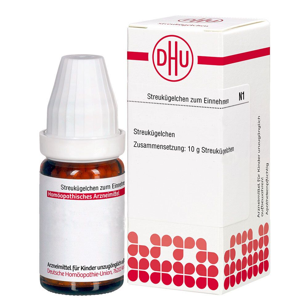 Flacon en verre brun avec bouchon blanc et étiquette. Boîte blanche avec logo rouge et texte.