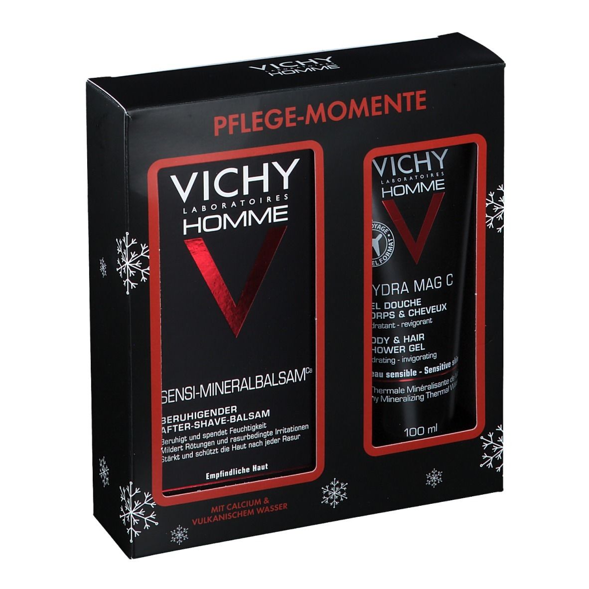 Coffret cadeau noir avec texte rouge. Logo Vichy Homme. Sensi-Mineralbalsam et Hydra Mag C Gel douche. Contient deux produits.