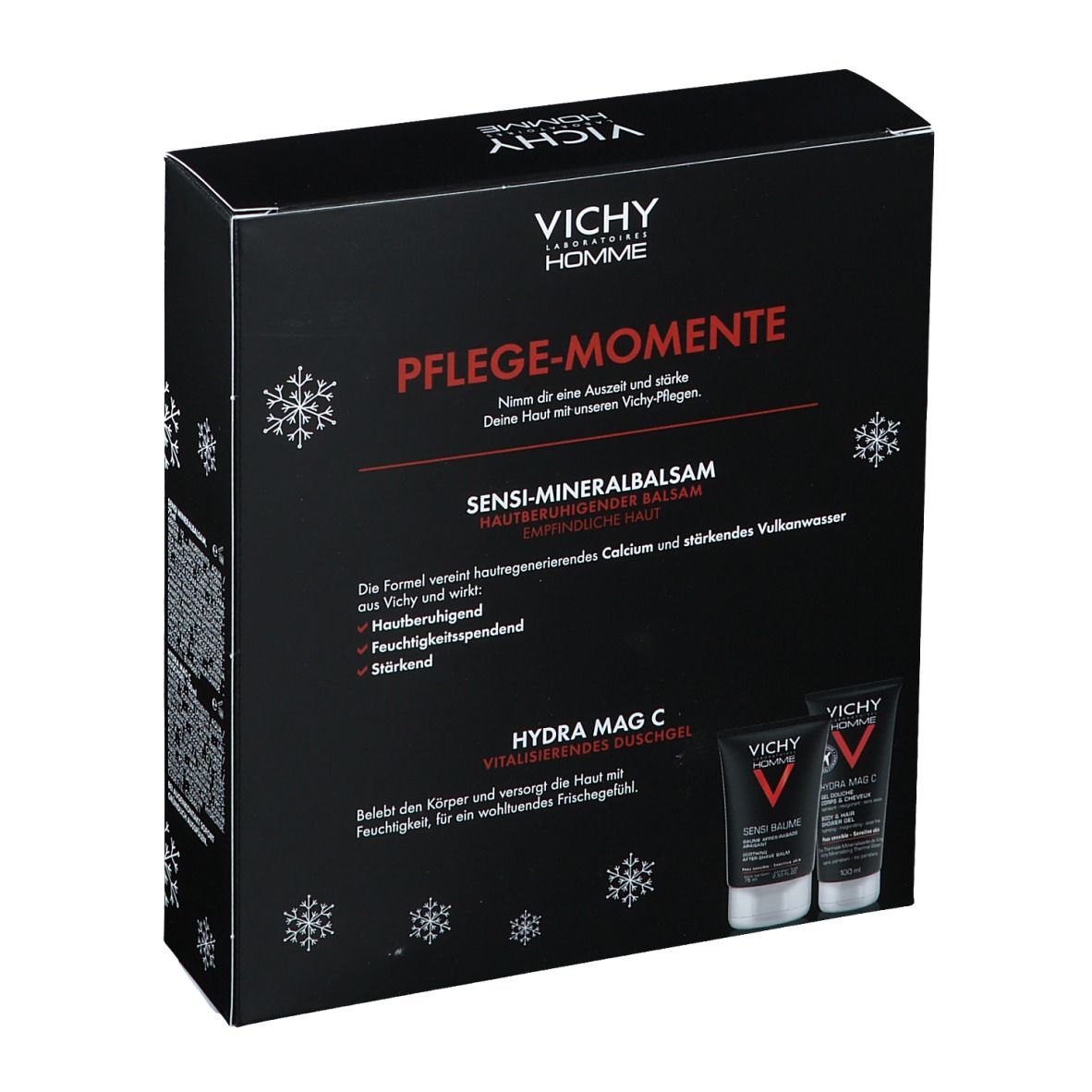 Dos du coffret cadeau. Logo Vichy Homme. Noms des produits et ingrédients. Deux produits représentés. Emballage noir avec texte rouge.