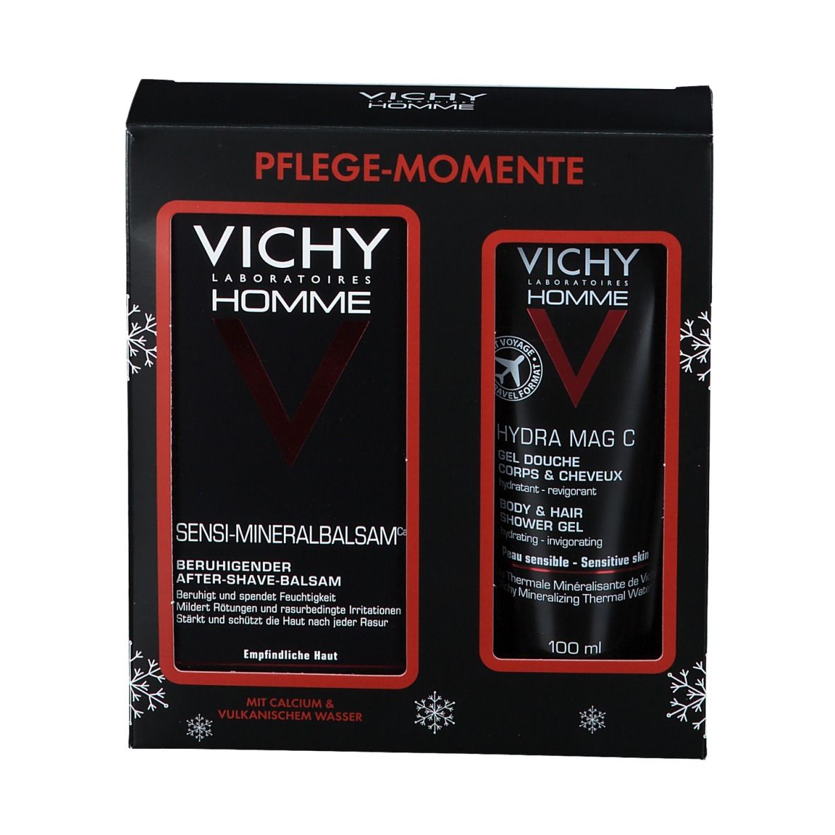 Coffret cadeau noir avec texte rouge. Logo Vichy Homme. Sensi-Mineralbalsam et Hydra Mag C Gel douche. Contient deux produits.