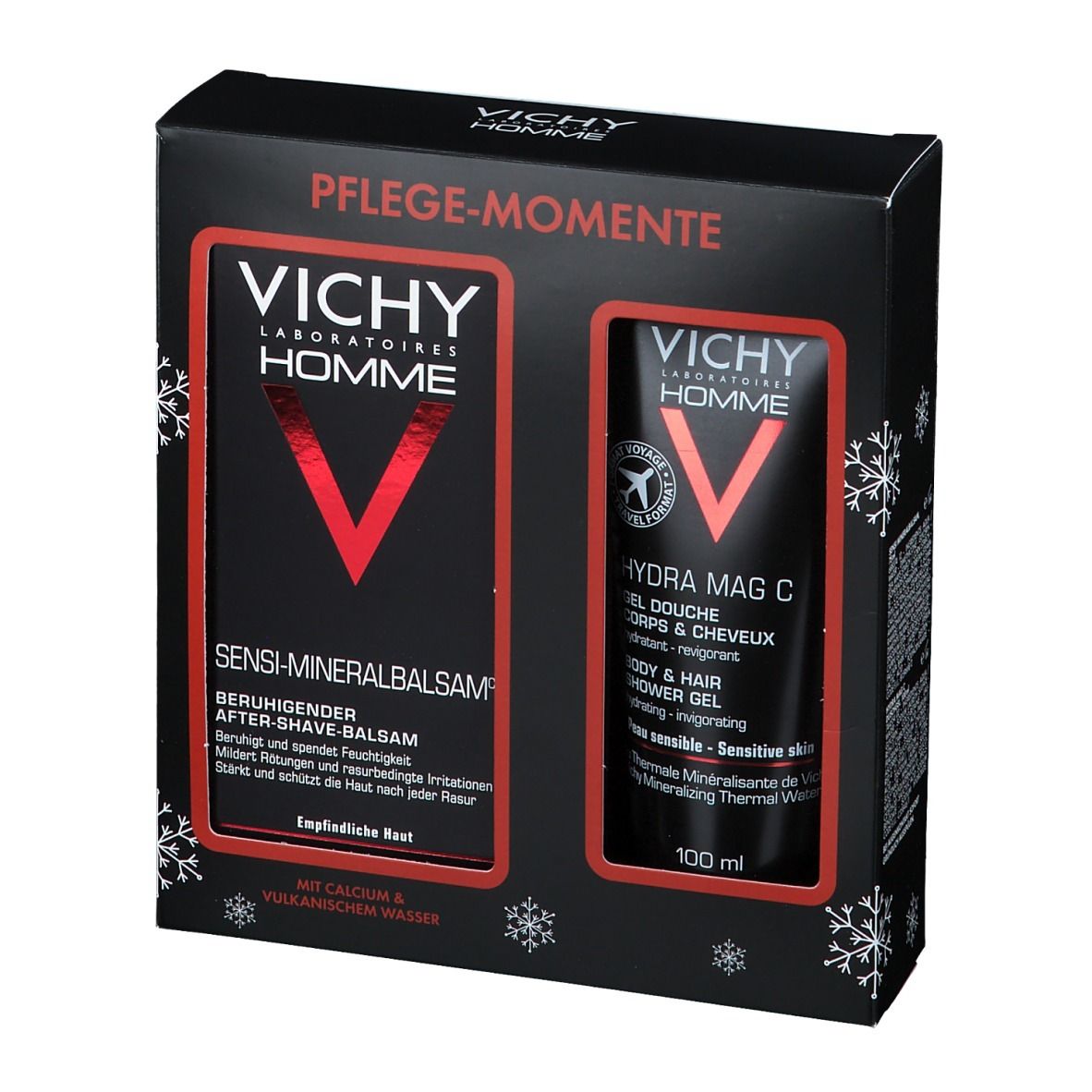 Coffret cadeau noir avec texte rouge. Logo Vichy Homme. Sensi-Mineralbalsam et Hydra Mag C Gel douche. Contient deux produits.
