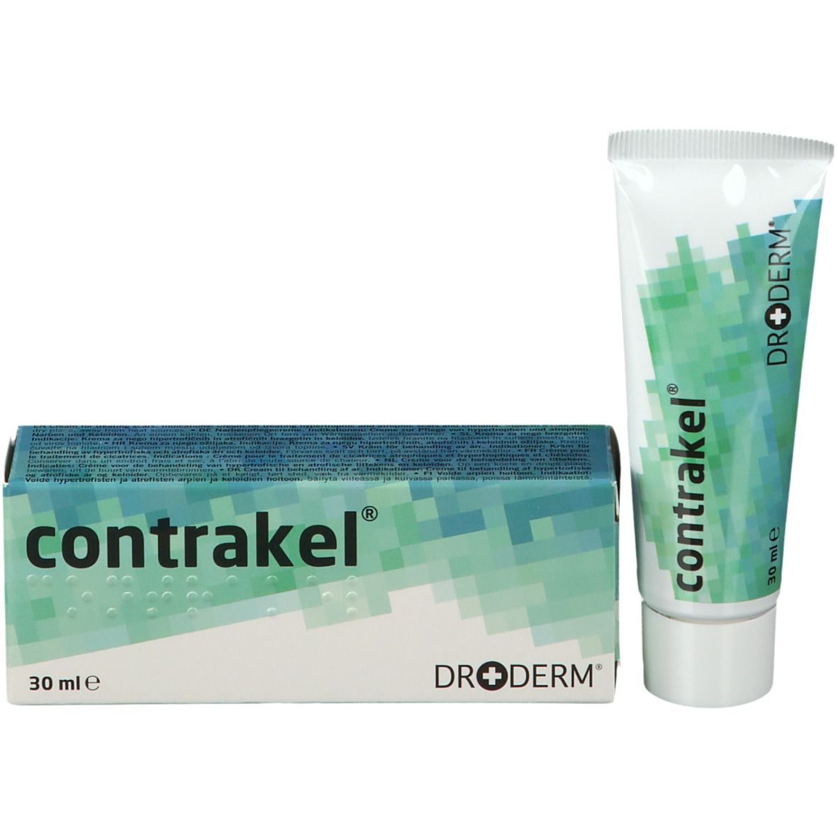 Produktpackung und Tube. Packung mit Produktnamen contrakel®. Tube mit Herstellerlogo Dr.Derm. 30 ml.