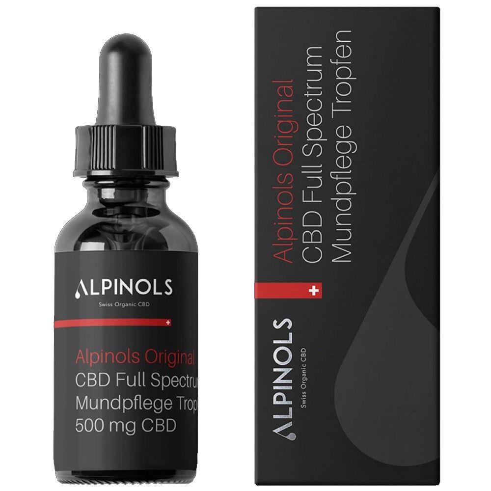 Braune Glasflasche mit Tropfer und schwarzer Verpackung. Aufschrift: Alpinols Original CBD Full Spectrum Mundpflege Tropfen.