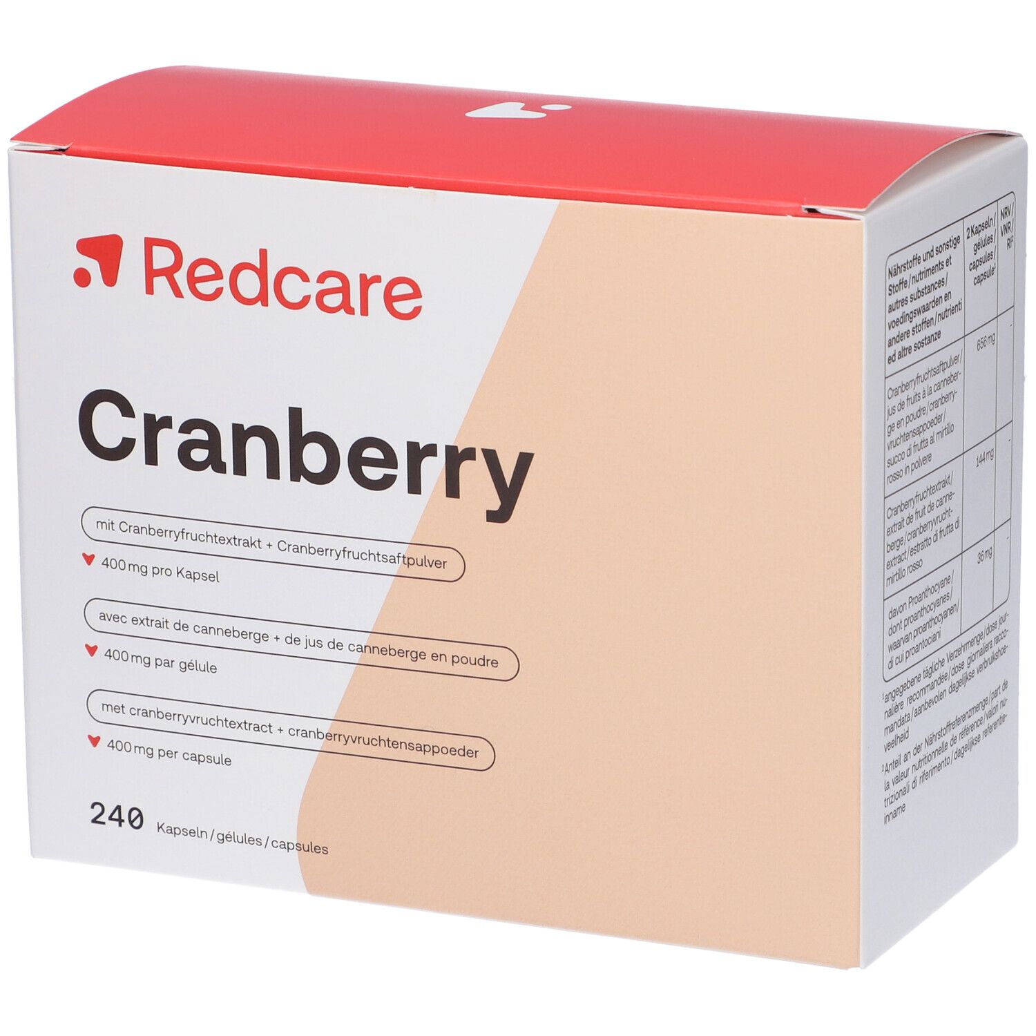 Karton mit Redcare Cranberry-Kapseln. Aufschrift: Cranberry, 240 Kapseln. Enthält Cranberry-Extrakt.