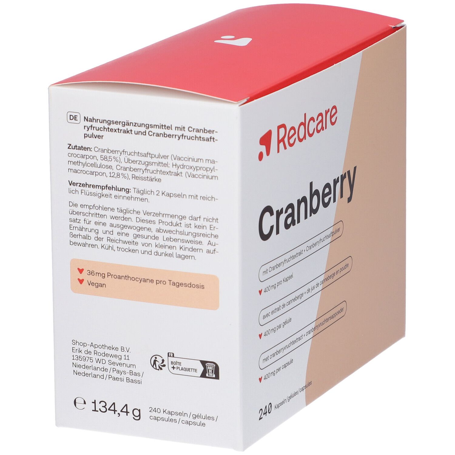 Rückseite der Redcare Cranberry-Kapsel-Verpackung. Enthält Informationen zu Inhaltsstoffen und Dosierung.