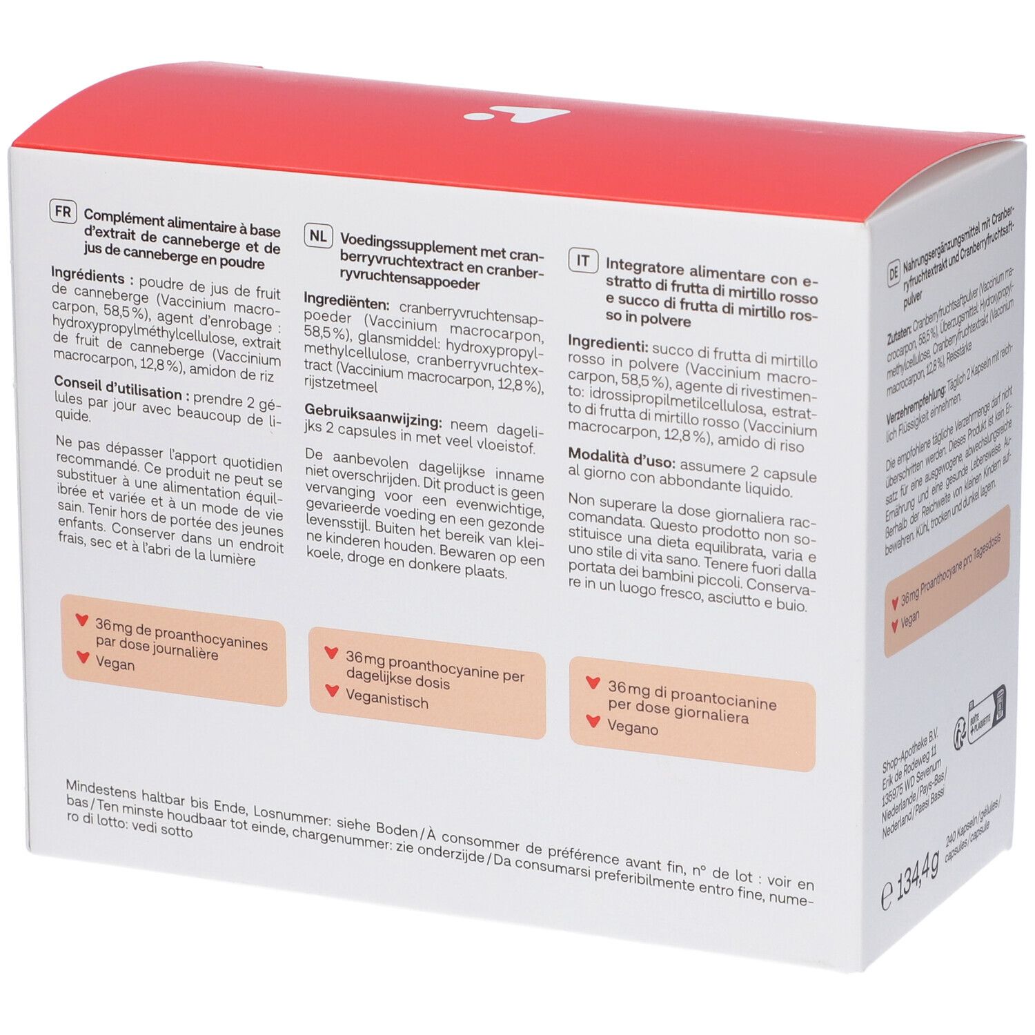 Rückseite der Redcare Cranberry-Kapsel-Verpackung mit Informationen in verschiedenen Sprachen.