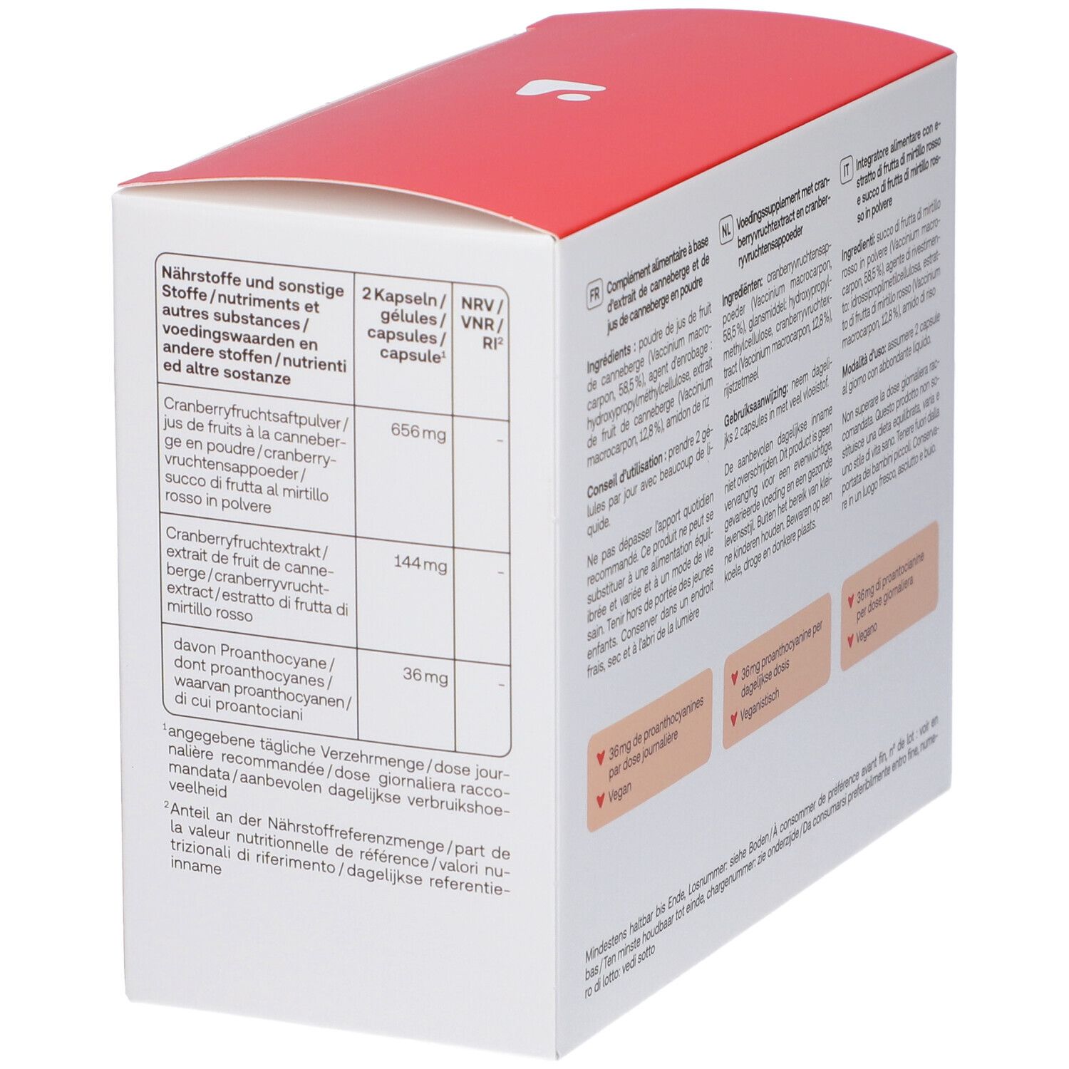 Rückseite der Redcare Cranberry-Kapsel-Verpackung mit Nährwertangaben und Inhaltsstoffen.