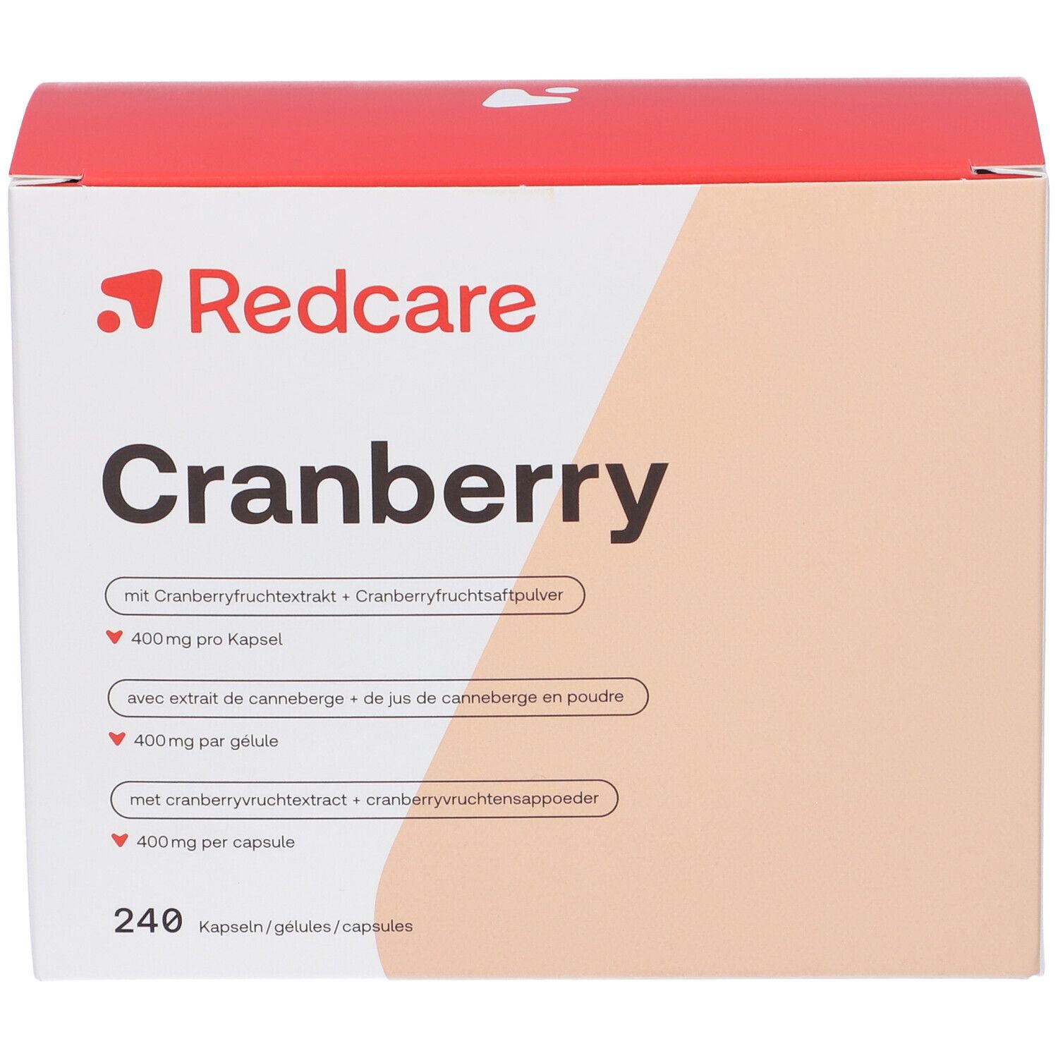 Karton mit Redcare Cranberry-Kapseln. Aufschrift: Cranberry, 240 Kapseln. Enthält Cranberry-Extrakt.