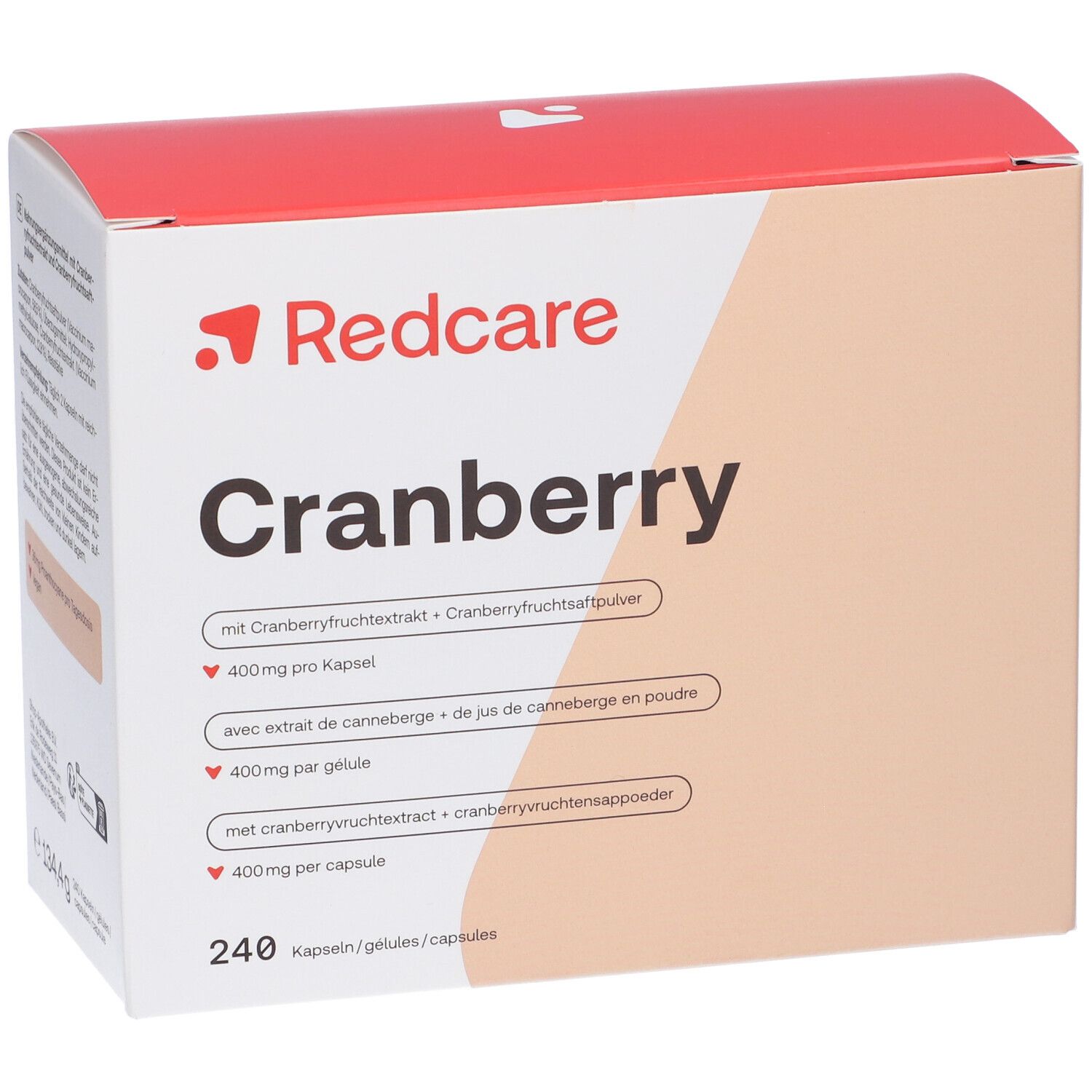 Karton mit Redcare Cranberry-Kapseln. Aufschrift: Cranberry, 240 Kapseln. Enthält Cranberry-Extrakt.