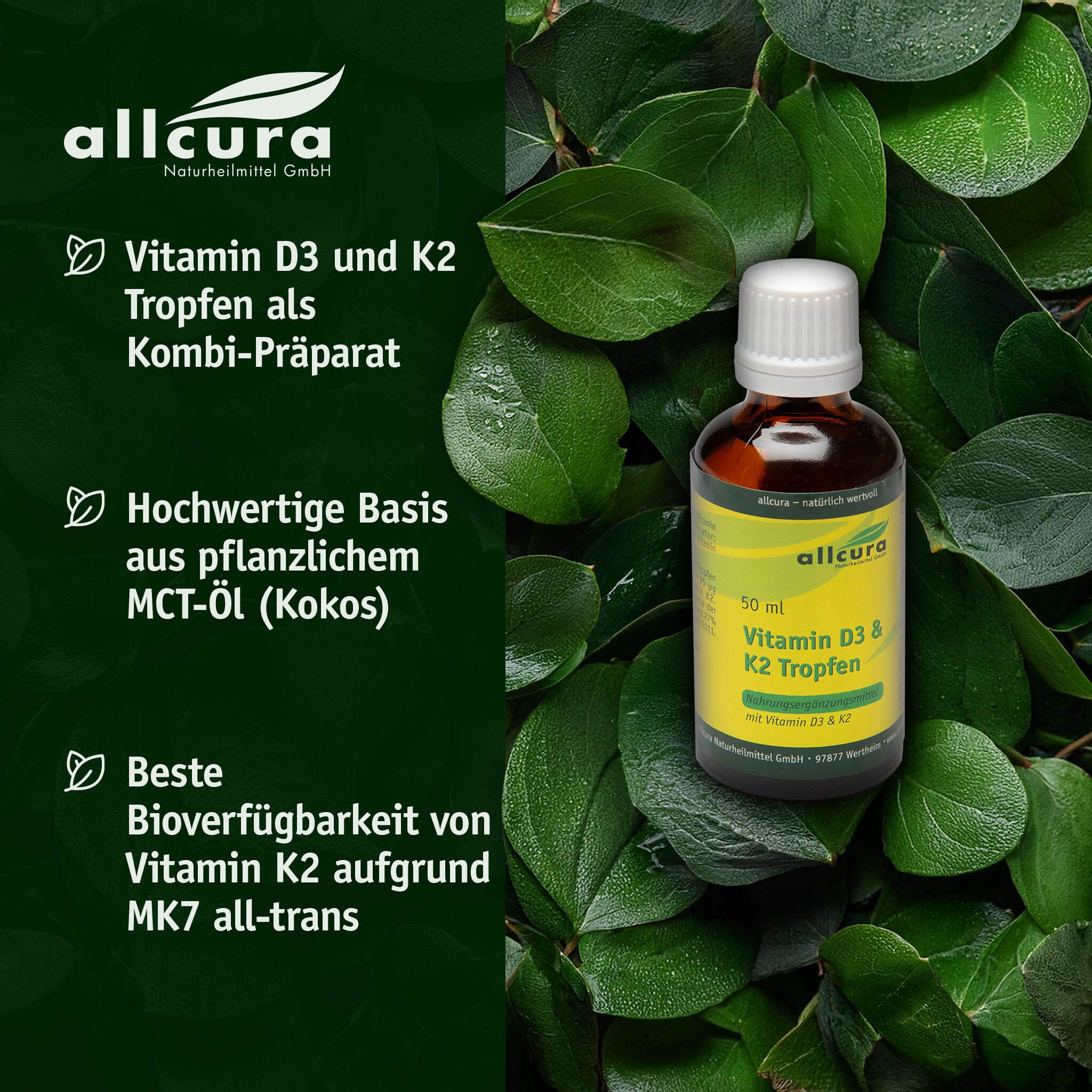 Flacon devant fond vert. Texte : Vitamin D3 und K2 Tropfen, base de haute qualité, meilleure biodisponibilité.