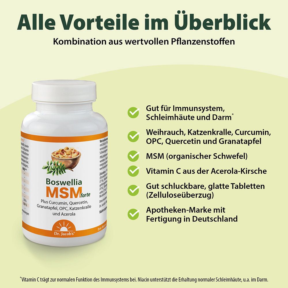 Flacon avec texte et icônes. Inscription: Boswellia MSM forte. Avantages: système immunitaire, intestins, etc.