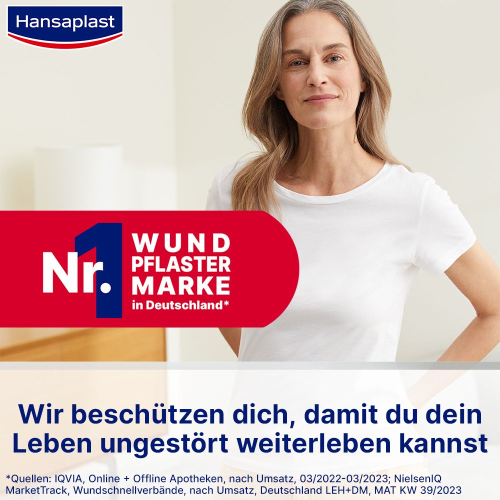 Femme en t-shirt blanc. Texte : N°1 marque de pansements en Allemagne. Nous vous protégeons.