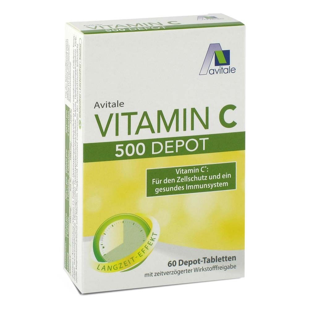 Avitale Vitamine C 500 Depot. Boîte blanche avec accents verts et jaunes. Contient 60 comprimés.