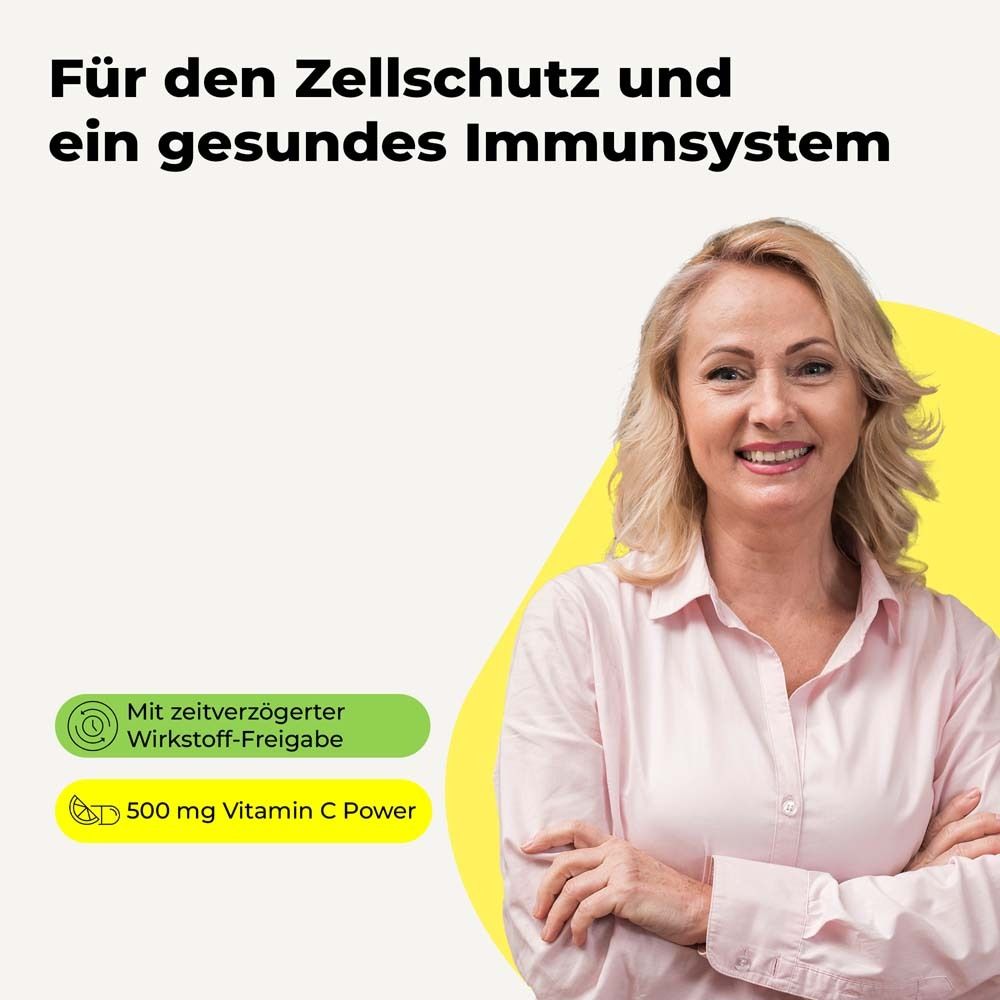 Femme souriante. Texte: Pour la protection cellulaire et un système immunitaire sain. 500 mg de vitamine C.
