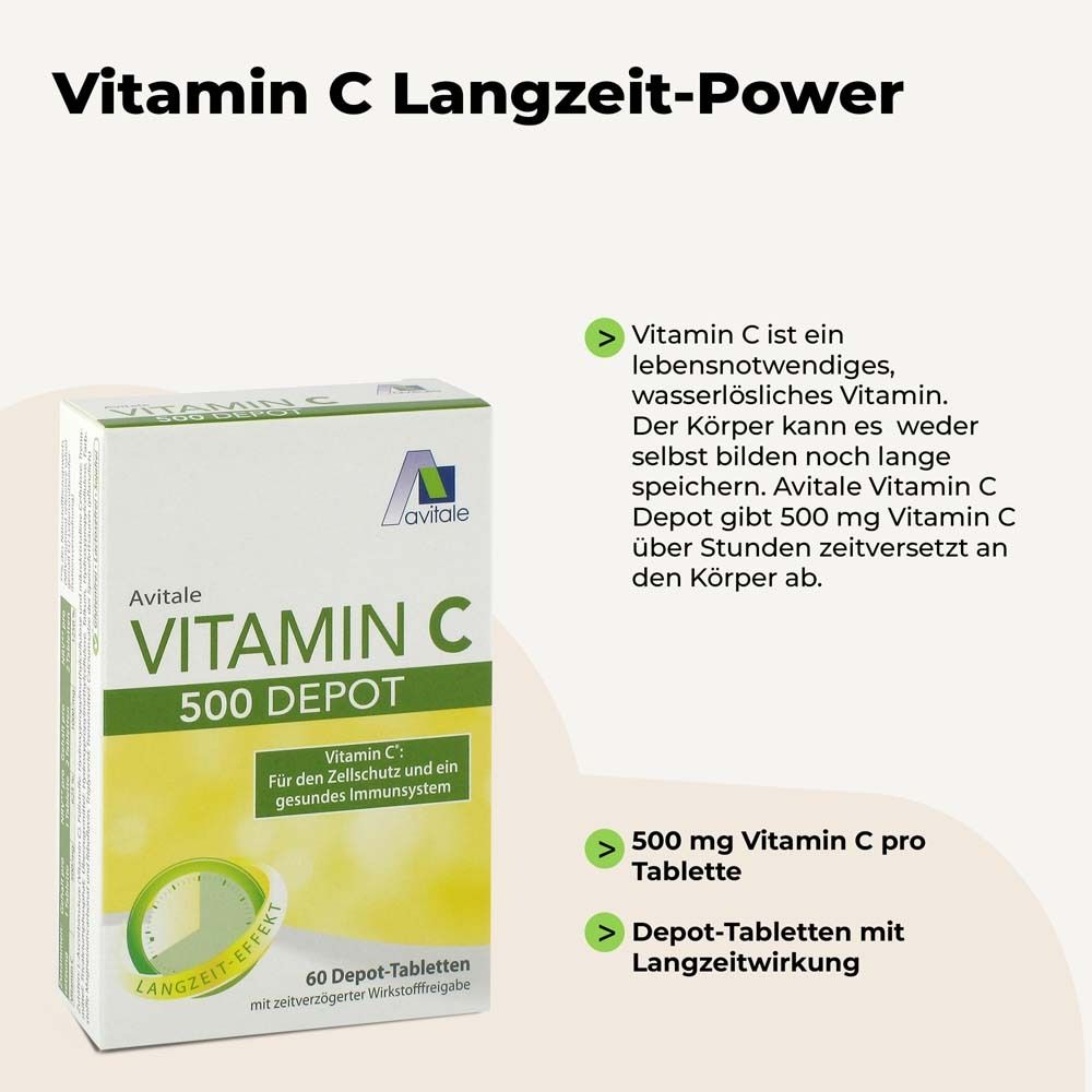 Avitale Vitamine C 500 Depot. Texte: Pouvoir longue durée de la vitamine C. 60 comprimés. Texte sur la vitamine C.
