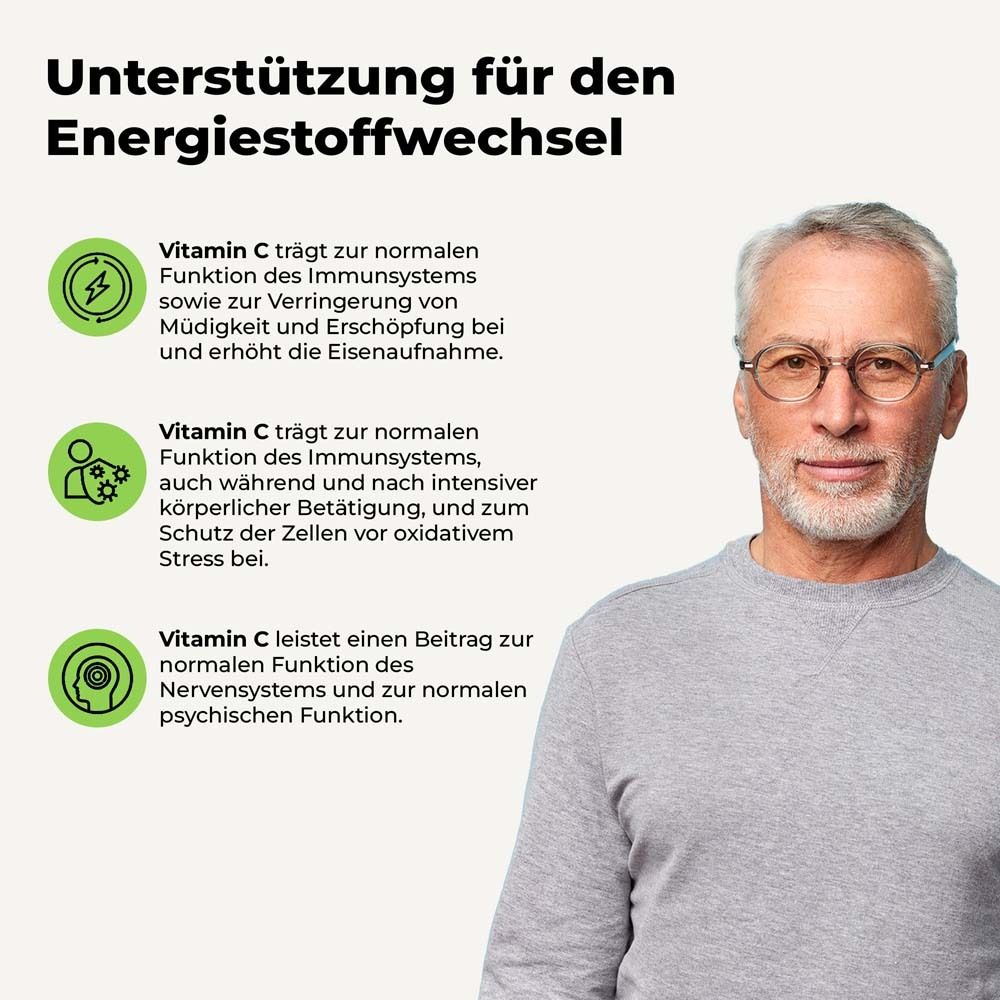 Homme avec des lunettes. Texte: Soutien du métabolisme énergétique. Informations sur la vitamine C et le système immunitaire.