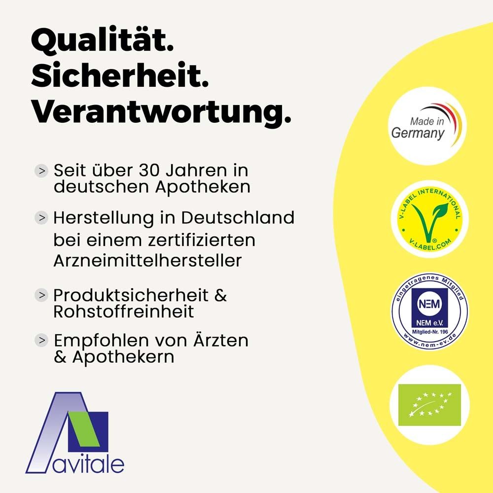 Texte: Qualité. Sécurité. Responsabilité. Certifications: Made in Germany, V-Label, NEM, label bio. Recommandé par les médecins.