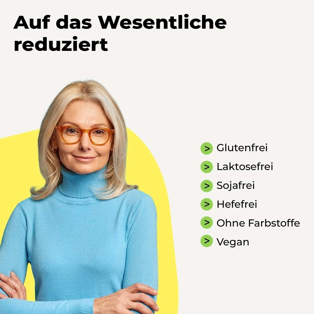 Frau mit Brille. Text: Auf das Wesentliche reduziert. Glutenfrei, laktosefrei, sojafrei, hefefrei, ohne Farbstoffe, vegan.