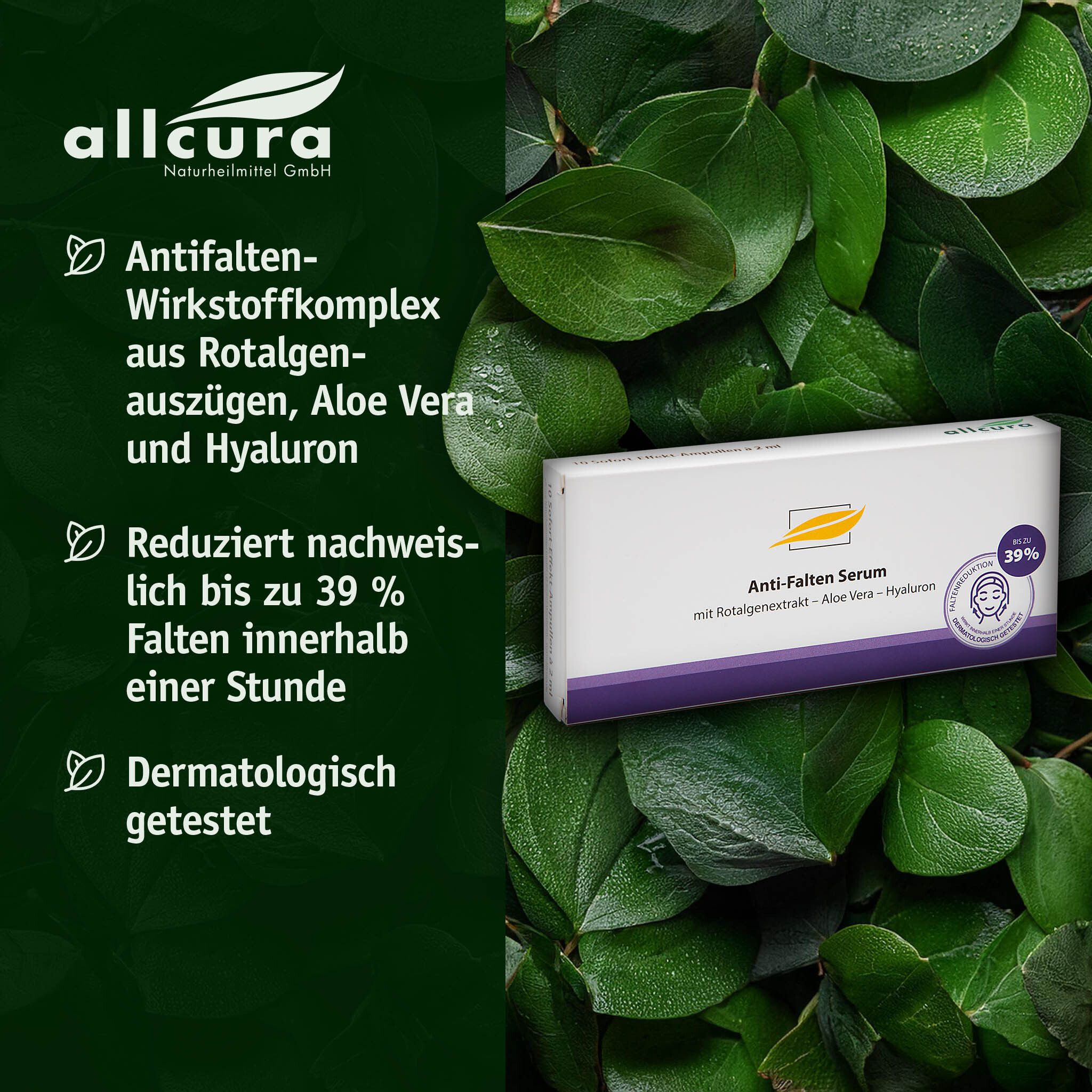 Emballage du produit sur fond vert. Texte: Complexe anti-rides, réduit les rides de 39%, testé dermatologiquement.