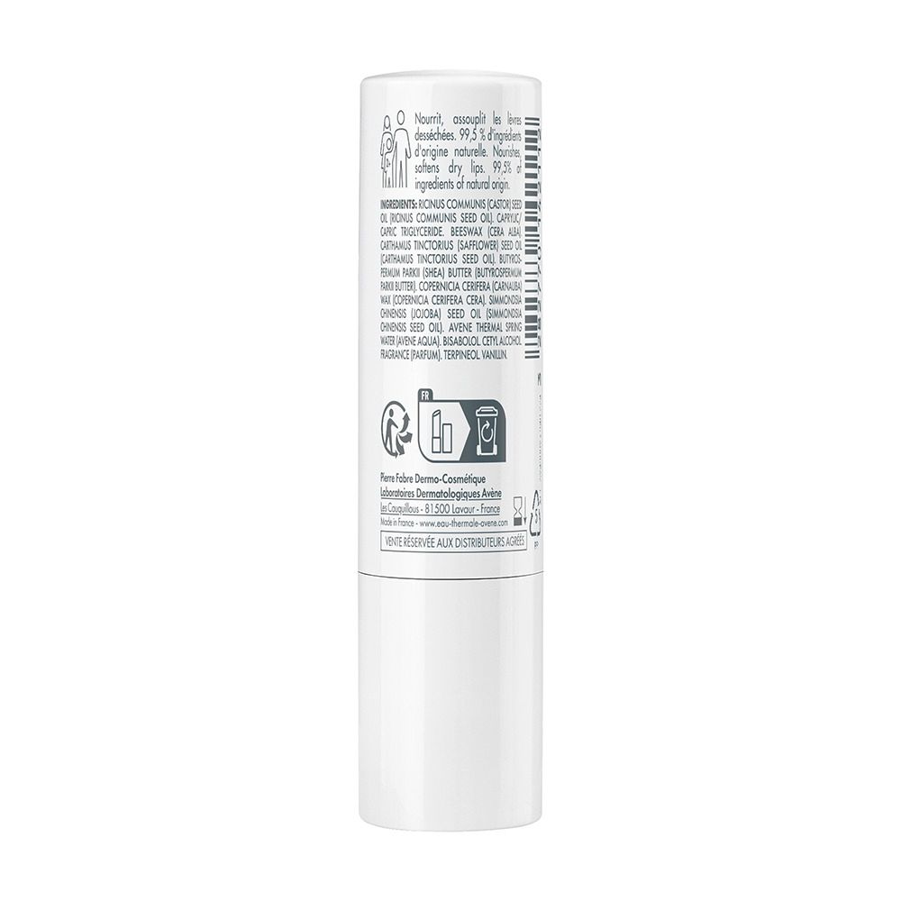Rückseite Avène Cold Cream Lippenpflegestift mit Inhaltsstoffen und Anwendungshinweisen.