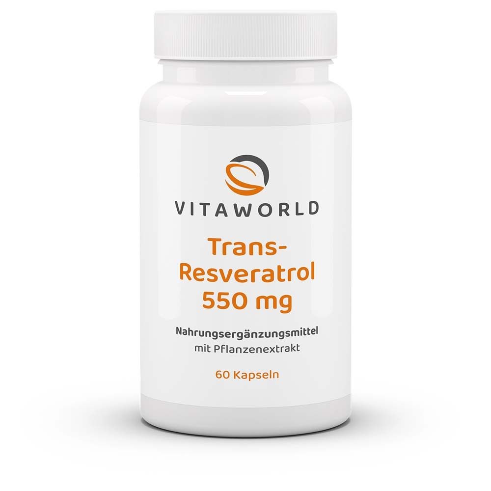 Weiße Flasche mit Kapseln. Aufschrift: Trans-Resveratrol 550 mg. Nahrungsergänzungsmittel. 60 Kapseln.