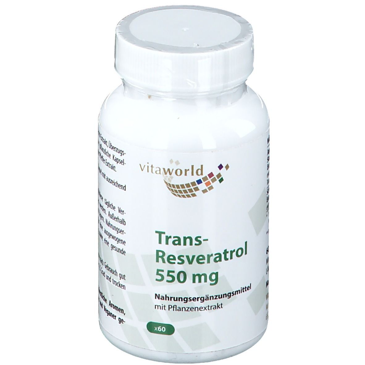 Flacon blanc de gélules. Inscription: Trans-Resveratrol 550 mg. Marque: vitaworld. 60 gélules.