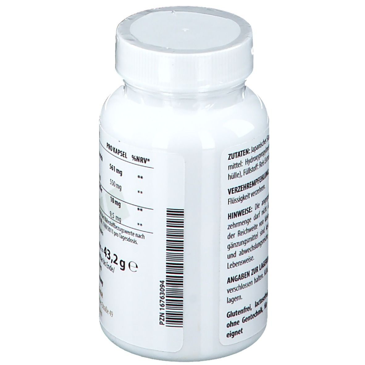 Dos du flacon blanc avec ingrédients et code-barres. Contient Trans-Resveratrol. Sans gluten, sans lactose.