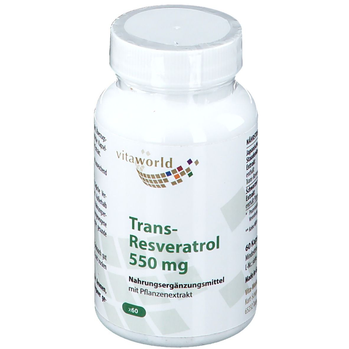 Flacon blanc de gélules. Inscription: Trans-Resveratrol 550 mg. Marque: vitaworld. 60 gélules.