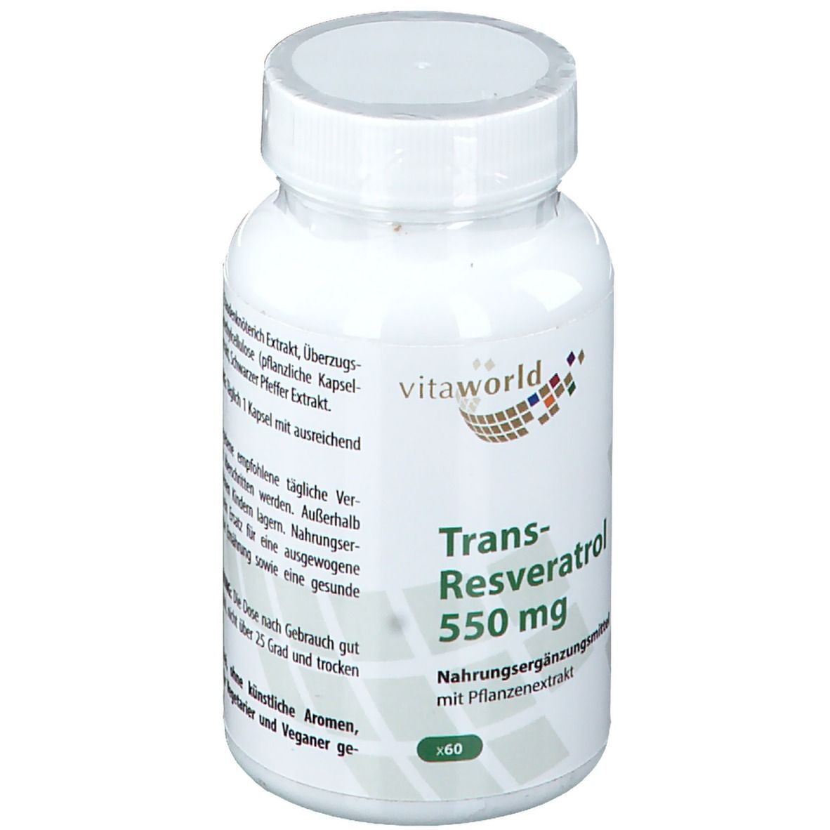 Flacon blanc de gélules. Inscription: Trans-Resveratrol 550 mg. Marque: vitaworld. 60 gélules.