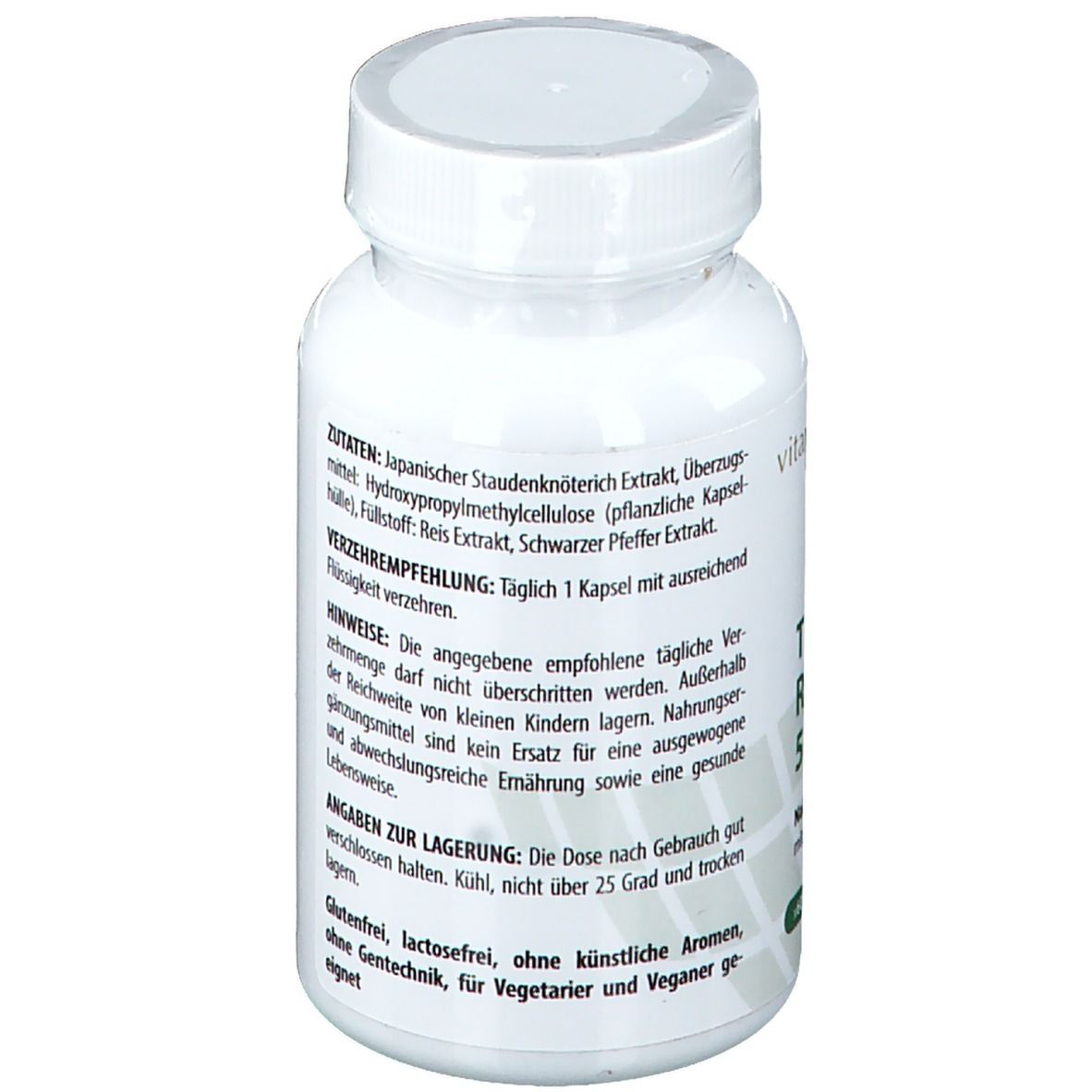 Dos du flacon blanc avec ingrédients et texte. Contient Trans-Resveratrol. Sans gluten, sans lactose.