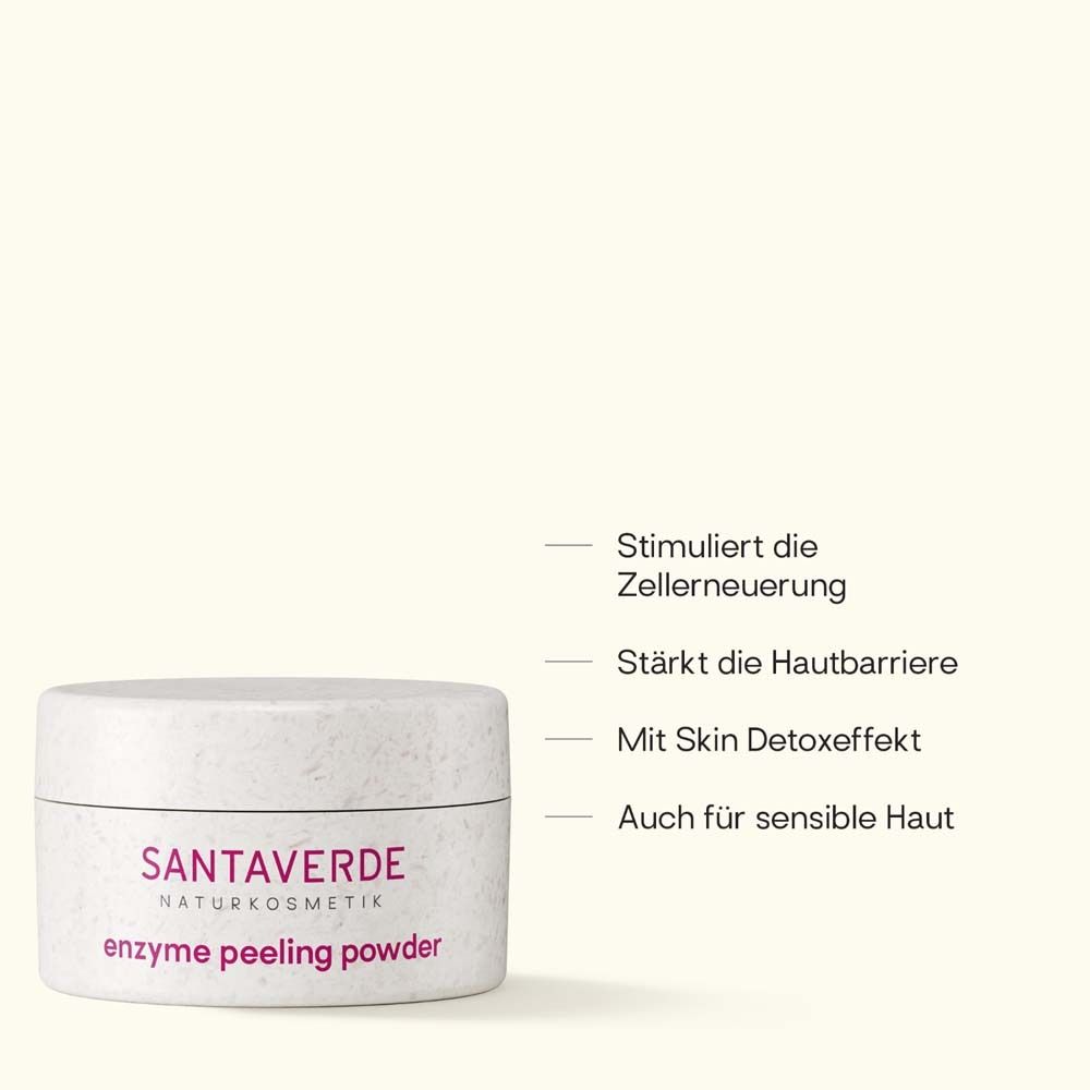 Pot avec SANTAVERDE enzyme peeling powder. Texte: Stimule le renouvellement cellulaire, renforce la barrière cutanée.