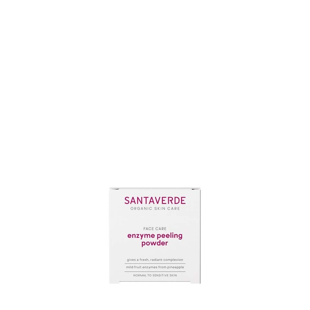 Boîte avec SANTAVERDE enzyme peeling powder. Texte: Face Care, donne un teint frais.