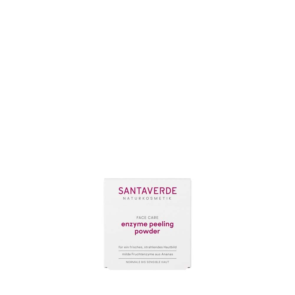 Boîte avec SANTAVERDE enzyme peeling powder. Texte: Pour un teint frais, enzymes de fruits d'ananas.