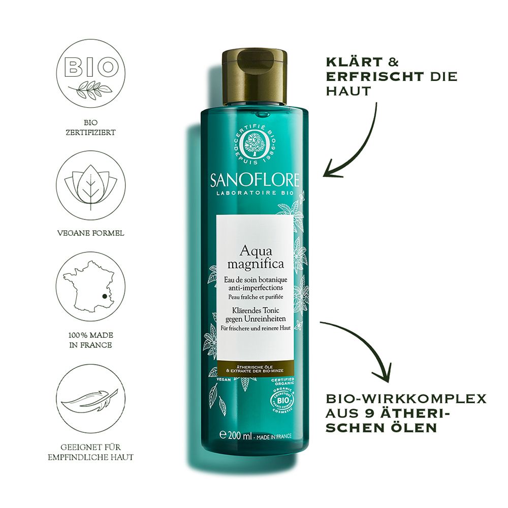 Flacon Sanoflore Aqua Magnifica. Flèche : Clarifie & rafraîchit la peau. Certification bio.
