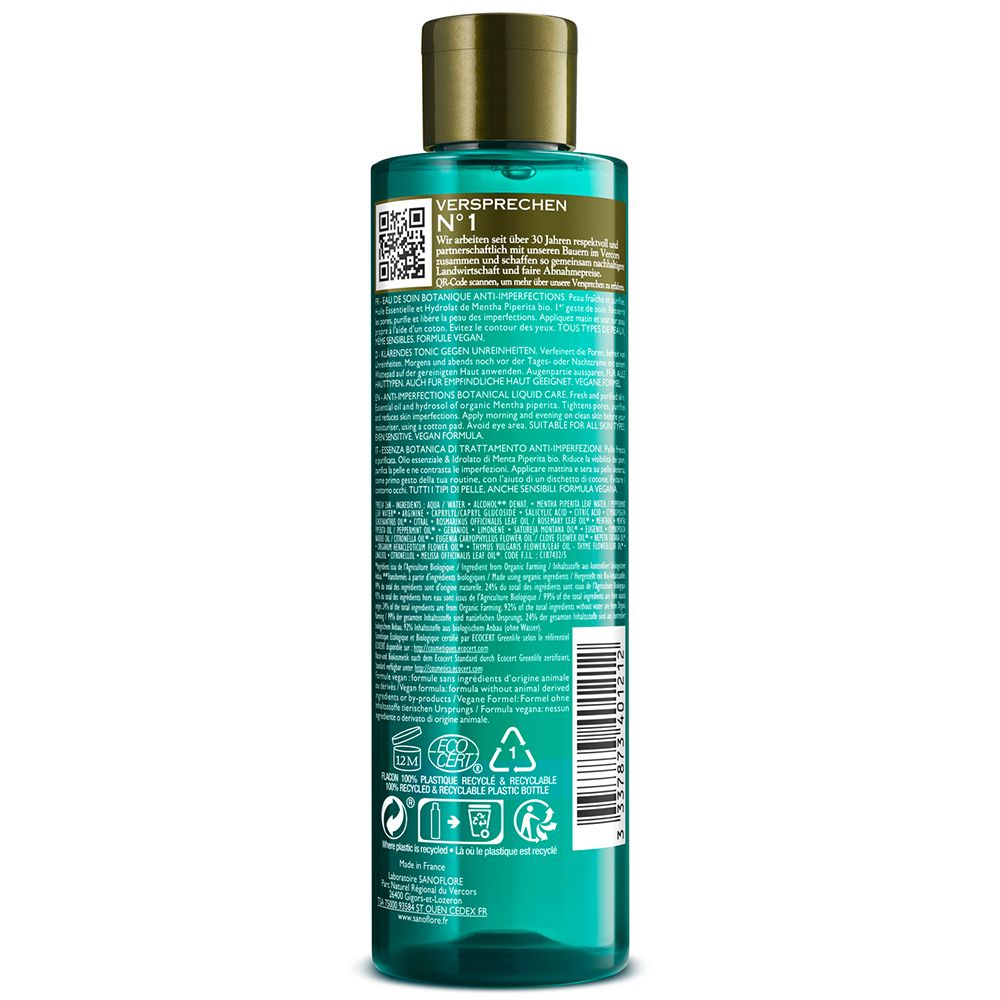 Dos du flacon Sanoflore Aqua Magnifica. Texte et code QR.