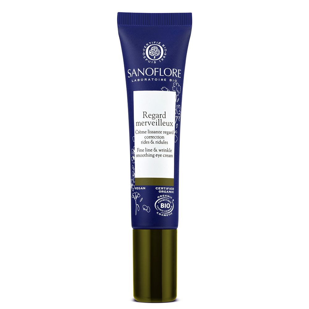 Tube bleu de crème pour les yeux. Texte: Sanoflore, Regard merveilleux. Certification bio.