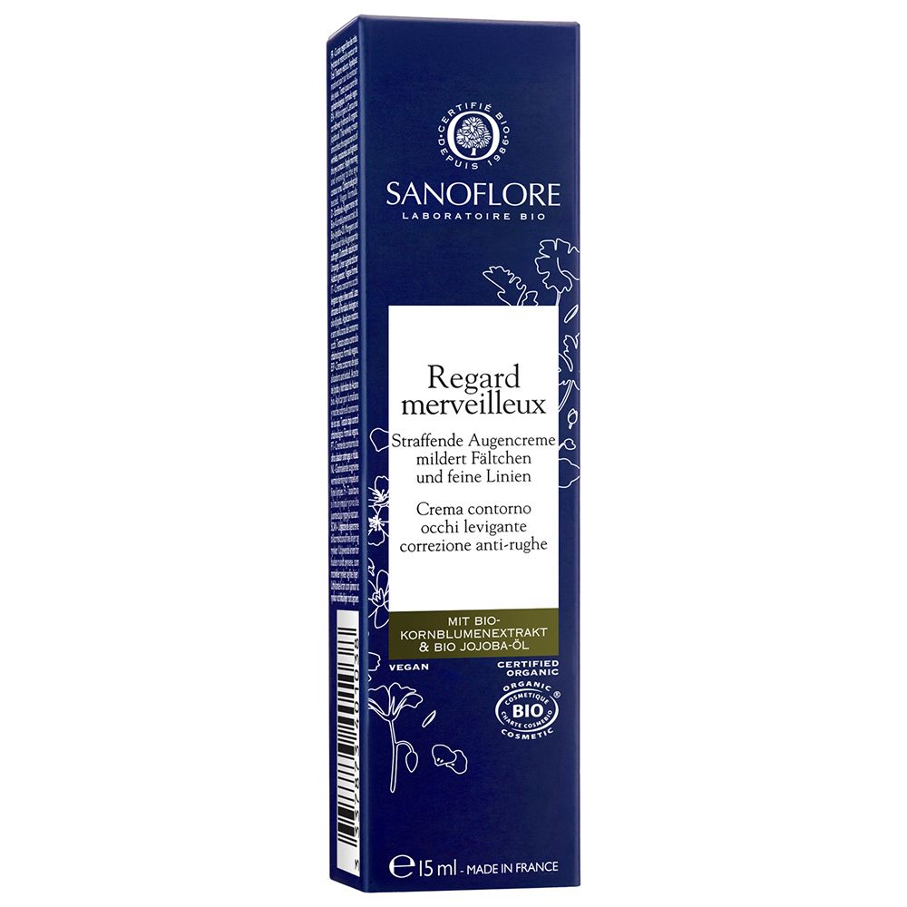 Boîte bleue. Texte: Sanoflore, Regard merveilleux. Crème yeux. Certification bio.