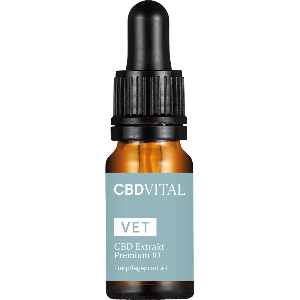 Braune Glasflasche mit schwarzem Tropfer. Aufkleber mit "CBDVITAL VET CBD Extrakt Premium 10".
